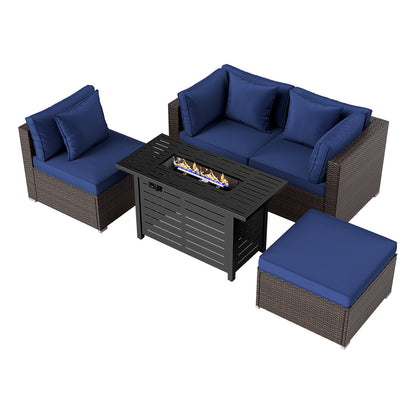 Heavy-duty Frame Rattan Sofa Set with 60000 BTU Firepit Table, Navy