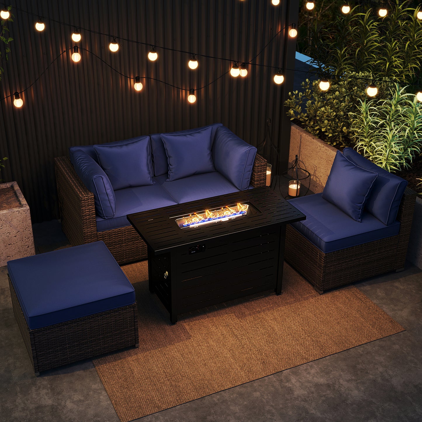 Heavy-duty Frame Rattan Sofa Set with 60000 BTU Firepit Table, Navy