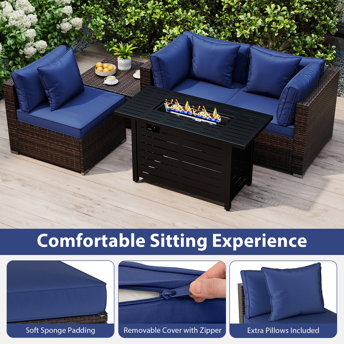 Heavy-duty Frame Rattan Sofa Set with 60000 BTU Firepit Table, Navy