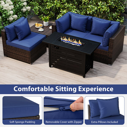 Heavy-duty Frame Rattan Sofa Set with 60000 BTU Firepit Table, Navy