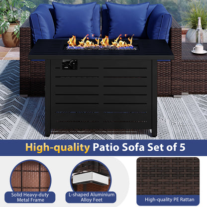 Heavy-duty Frame Rattan Sofa Set with 60000 BTU Firepit Table, Navy