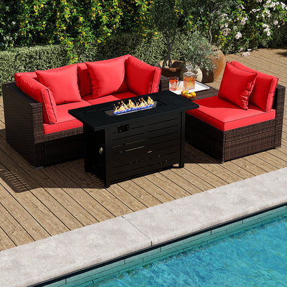 Heavy-duty Frame Rattan Sofa Set with 60000 BTU Firepit Table, Red