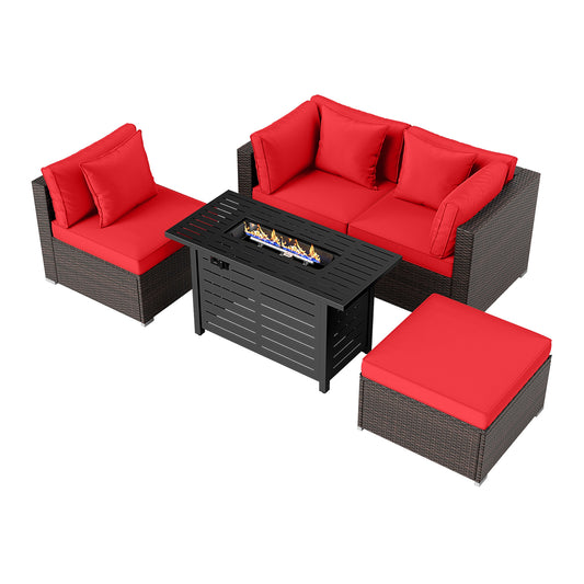 Heavy-duty Frame Rattan Sofa Set with 60000 BTU Firepit Table, Red
