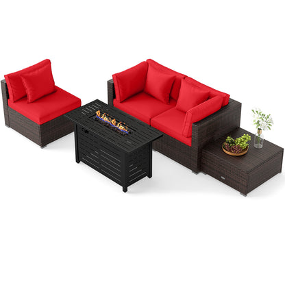 Heavy-duty Frame Rattan Sofa Set with 60000 BTU Firepit Table, Red