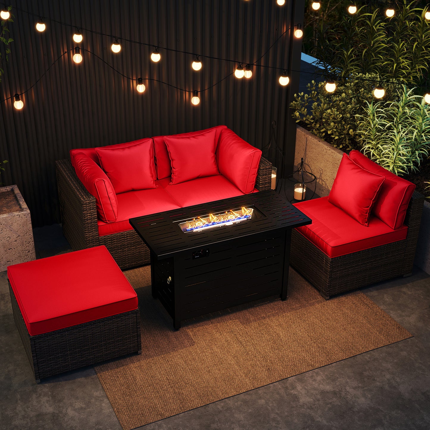 Heavy-duty Frame Rattan Sofa Set with 60000 BTU Firepit Table, Red