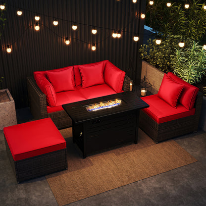 Heavy-duty Frame Rattan Sofa Set with 60000 BTU Firepit Table, Red