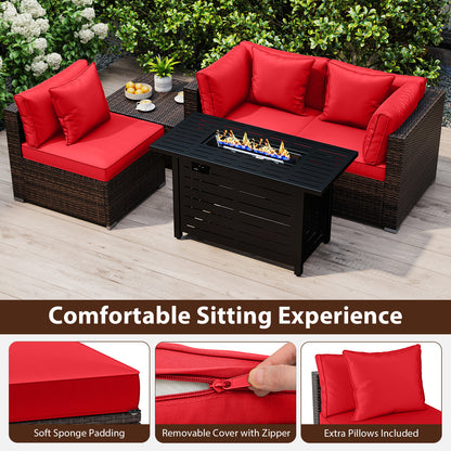 Heavy-duty Frame Rattan Sofa Set with 60000 BTU Firepit Table, Red