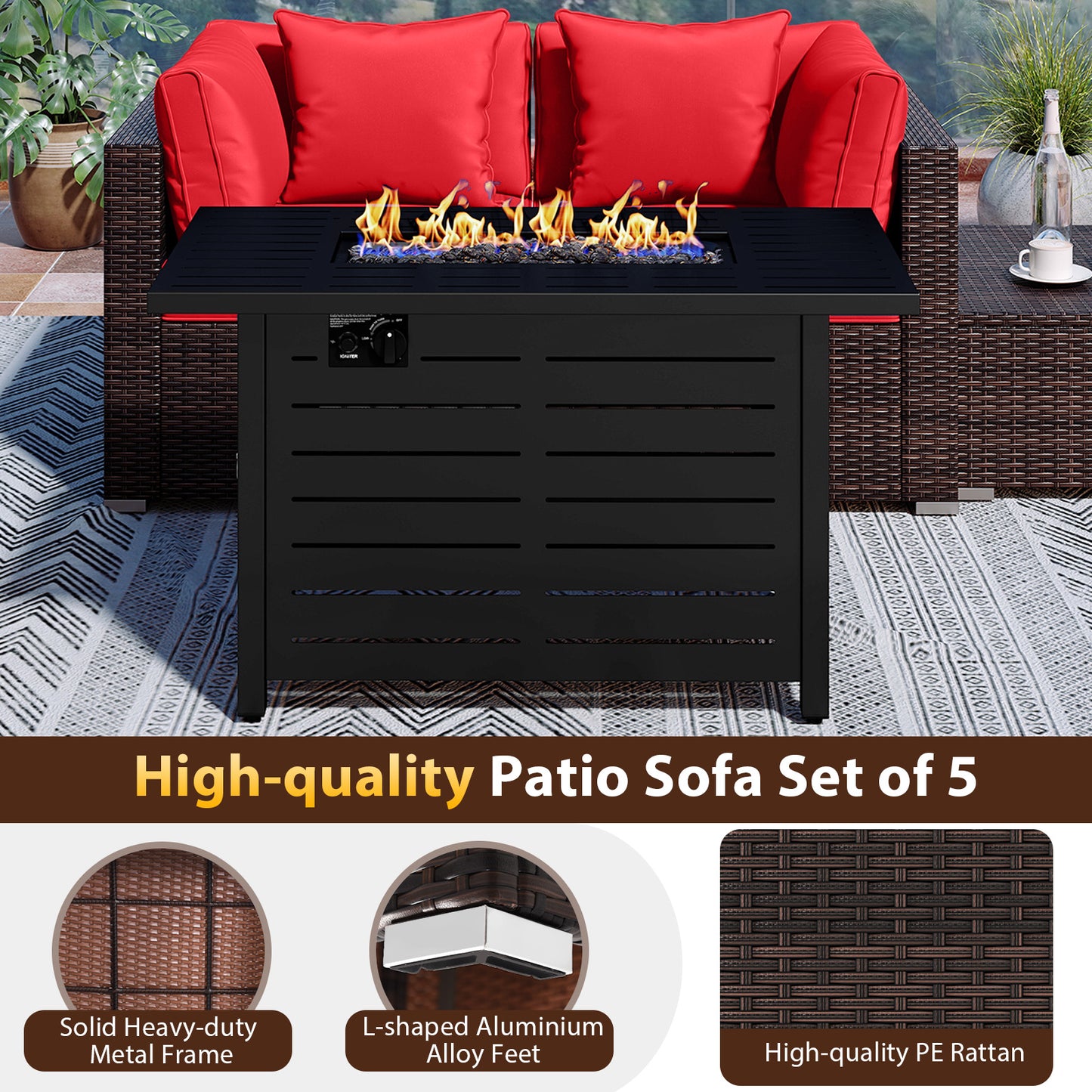 Heavy-duty Frame Rattan Sofa Set with 60000 BTU Firepit Table, Red