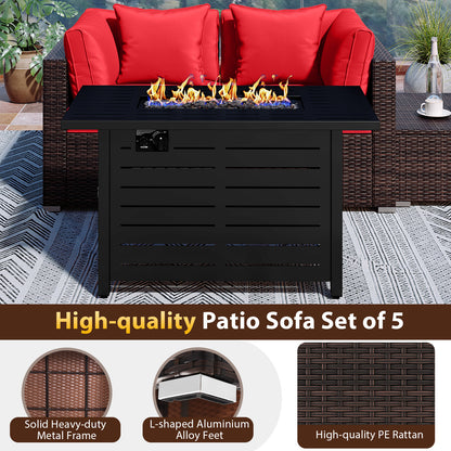 Heavy-duty Frame Rattan Sofa Set with 60000 BTU Firepit Table, Red