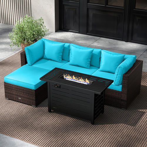 Heavy-duty Frame Rattan Sofa Set with 60000 BTU Firepit Table, Turquoise