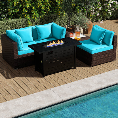 Heavy-duty Frame Rattan Sofa Set with 60000 BTU Firepit Table, Turquoise