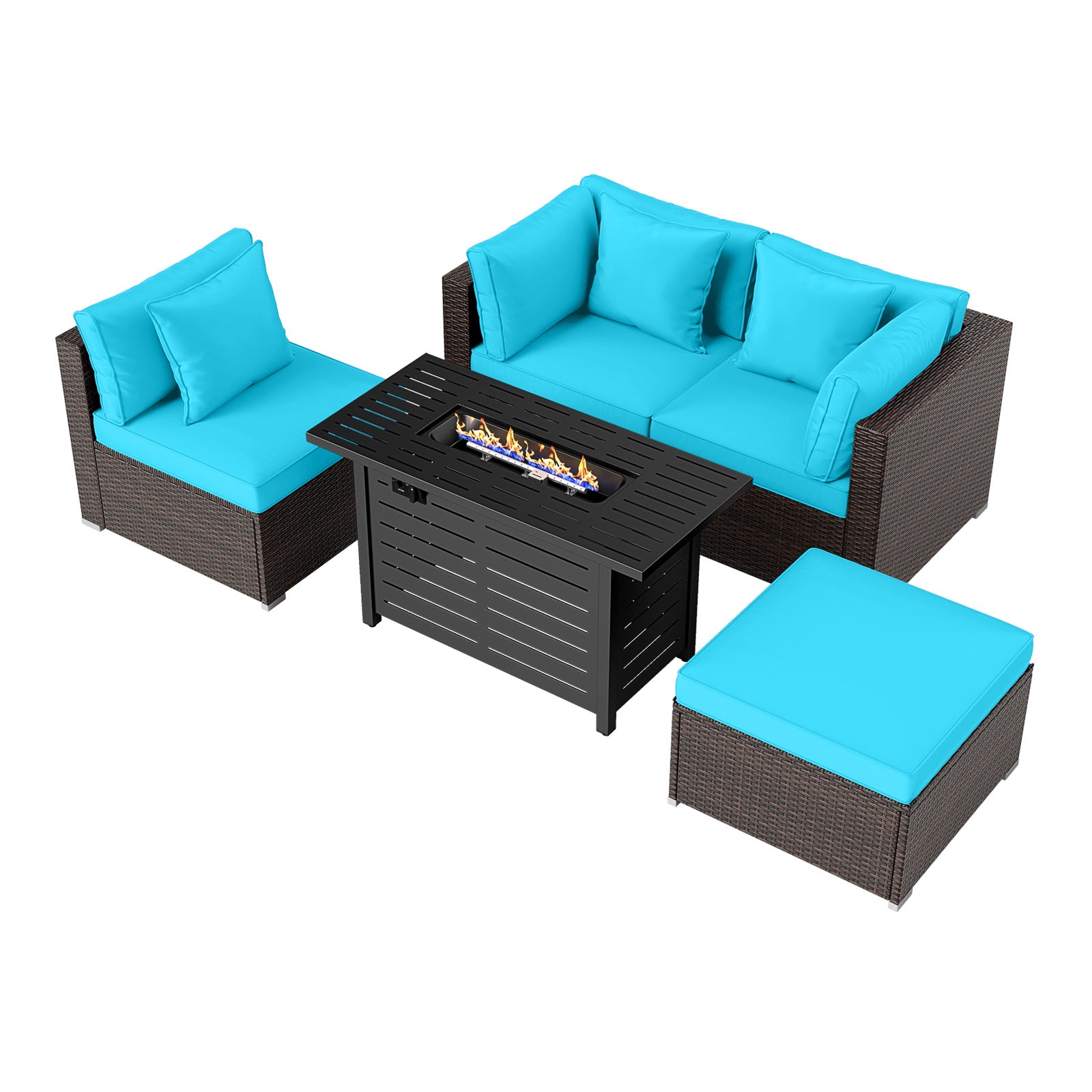 Heavy-duty Frame Rattan Sofa Set with 60000 BTU Firepit Table, Turquoise Outdoor Sectionals at Gallery Canada