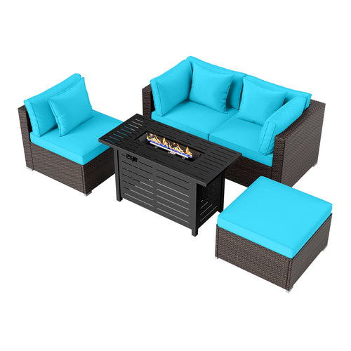 Heavy-duty Frame Rattan Sofa Set with 60000 BTU Firepit Table, Turquoise
