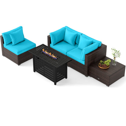 Heavy-duty Frame Rattan Sofa Set with 60000 BTU Firepit Table, Turquoise