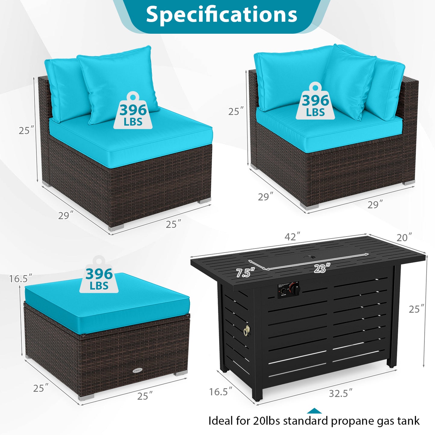 Heavy-duty Frame Rattan Sofa Set with 60000 BTU Firepit Table, Turquoise