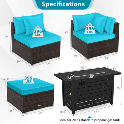Heavy-duty Frame Rattan Sofa Set with 60000 BTU Firepit Table, Turquoise