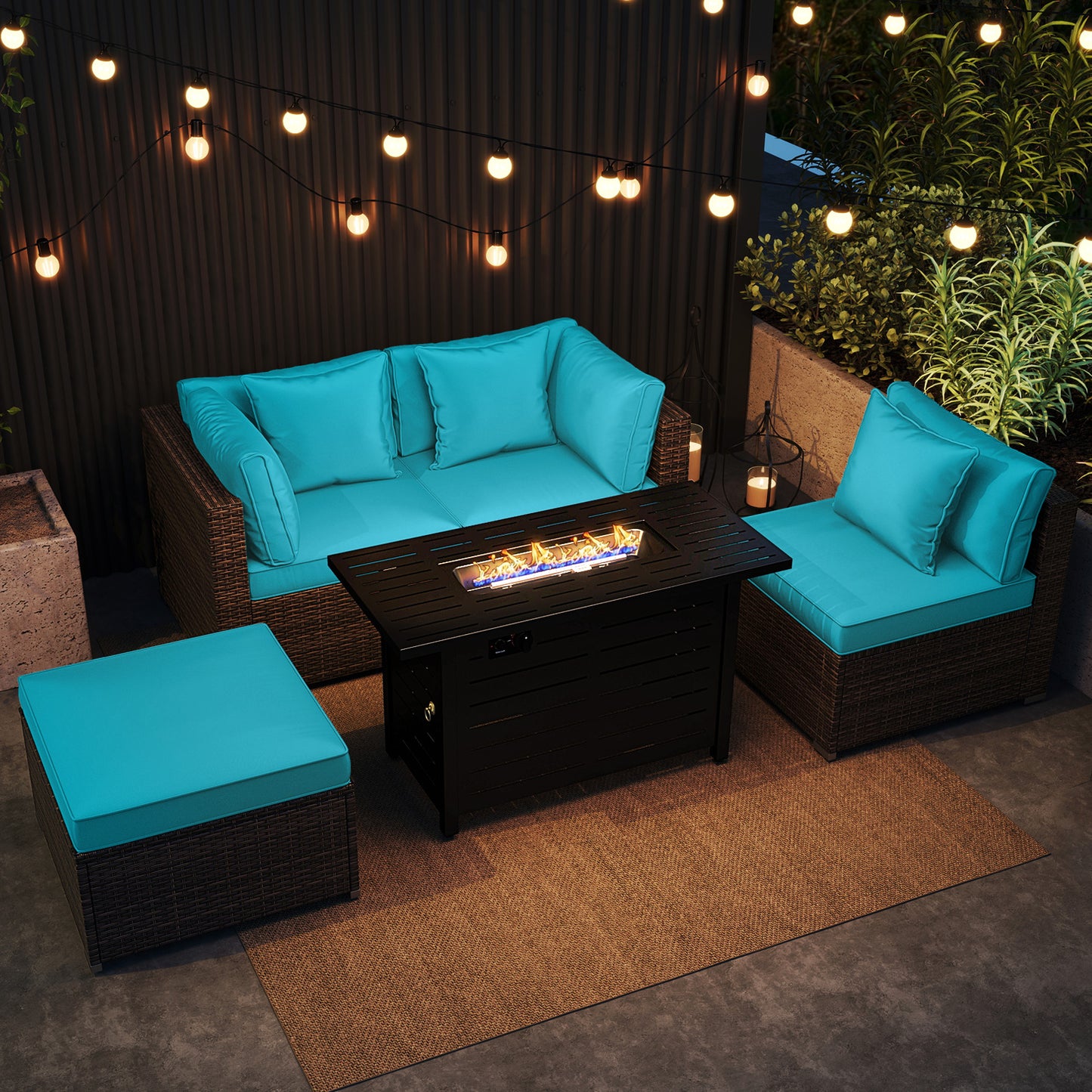 Heavy-duty Frame Rattan Sofa Set with 60000 BTU Firepit Table, Turquoise