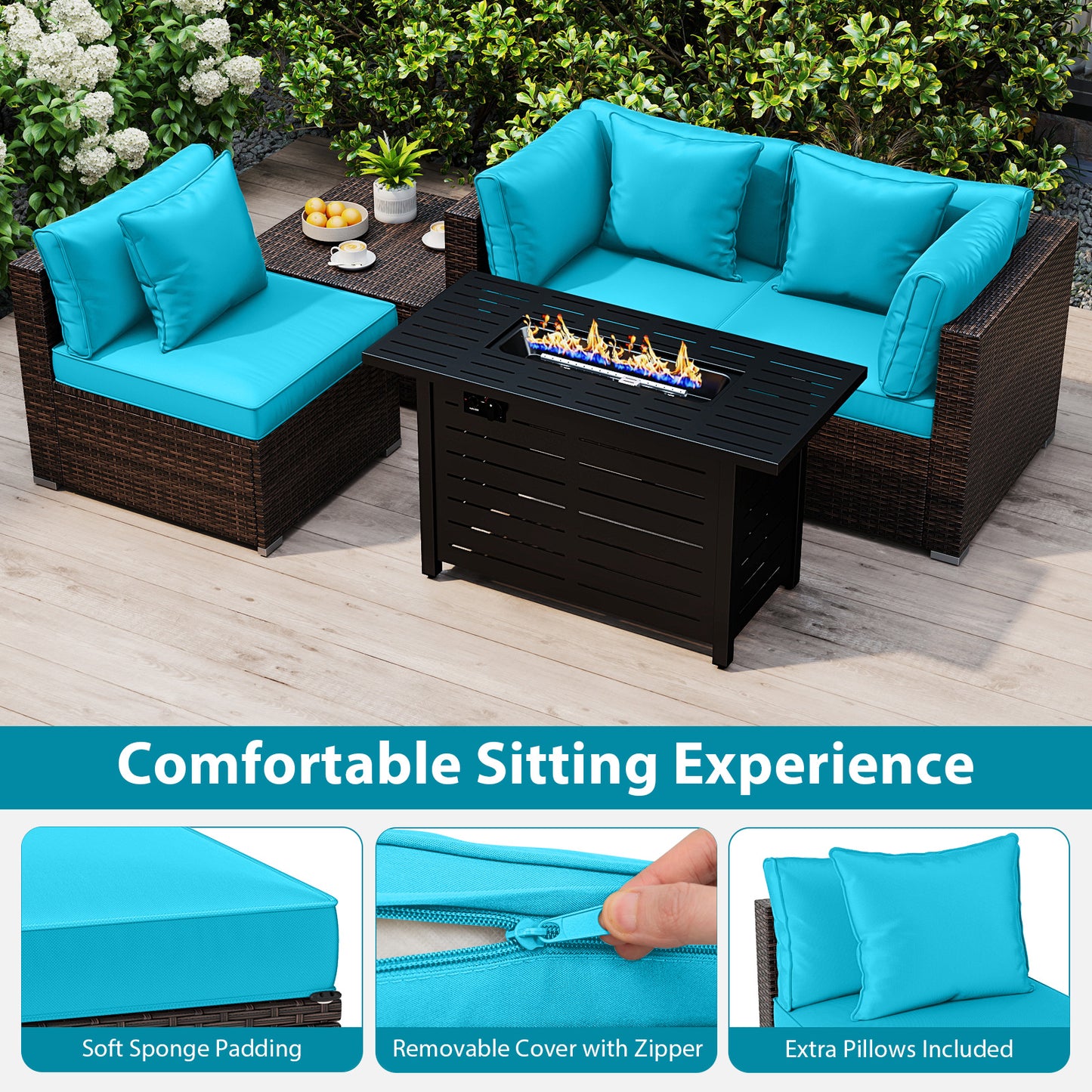 Heavy-duty Frame Rattan Sofa Set with 60000 BTU Firepit Table, Turquoise
