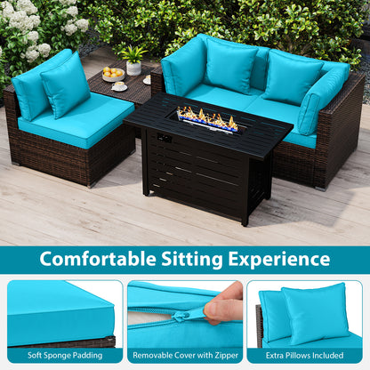 Heavy-duty Frame Rattan Sofa Set with 60000 BTU Firepit Table, Turquoise