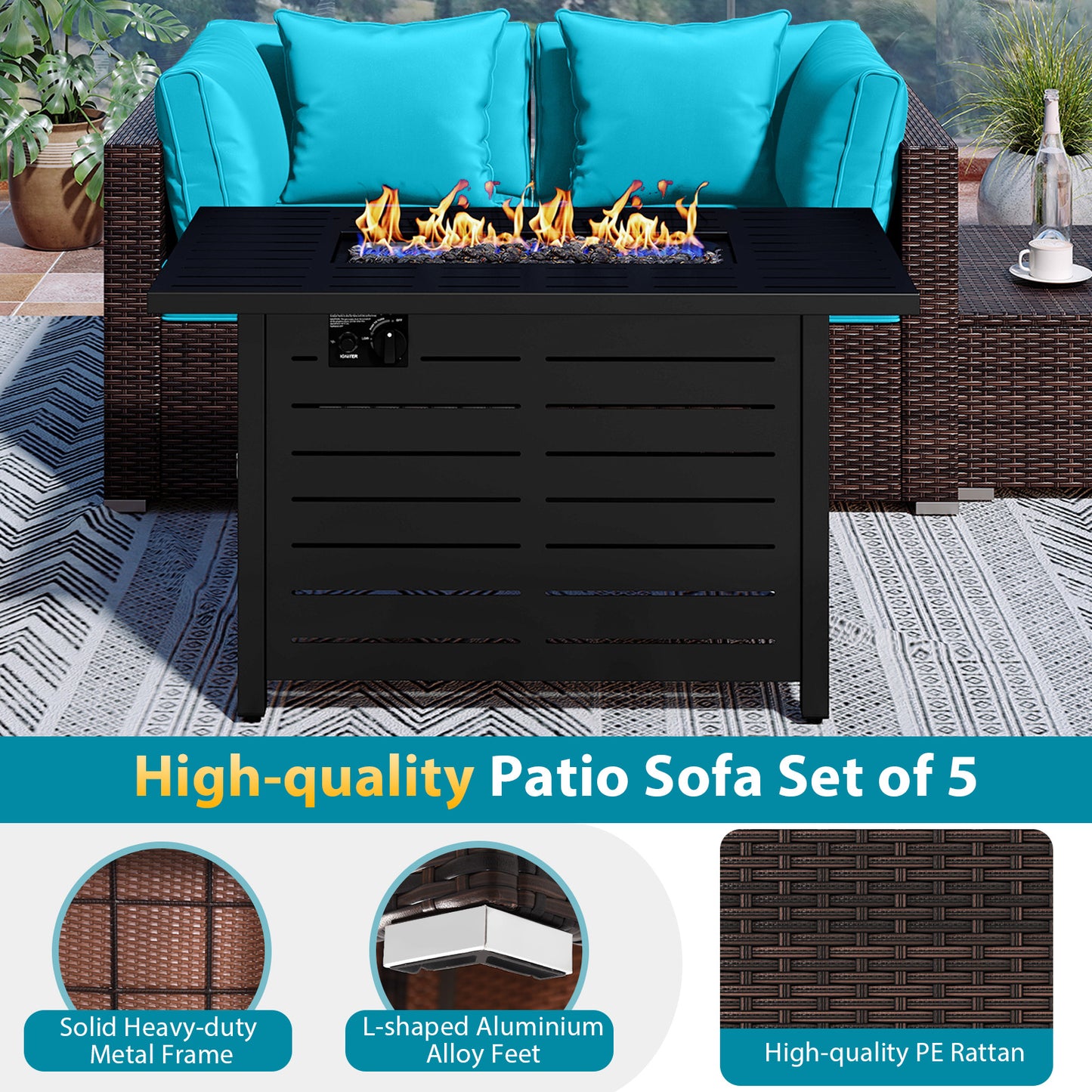 Heavy-duty Frame Rattan Sofa Set with 60000 BTU Firepit Table, Turquoise