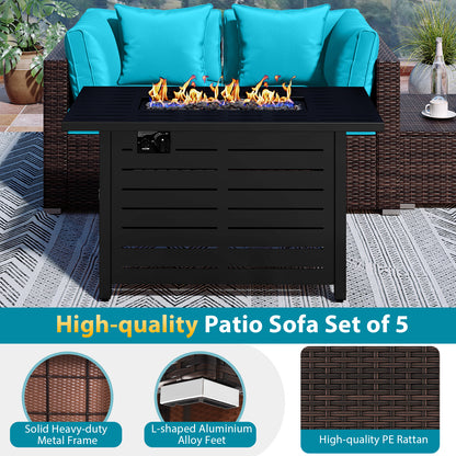Heavy-duty Frame Rattan Sofa Set with 60000 BTU Firepit Table, Turquoise