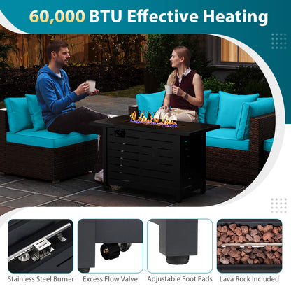Heavy-duty Frame Rattan Sofa Set with 60000 BTU Firepit Table, Turquoise