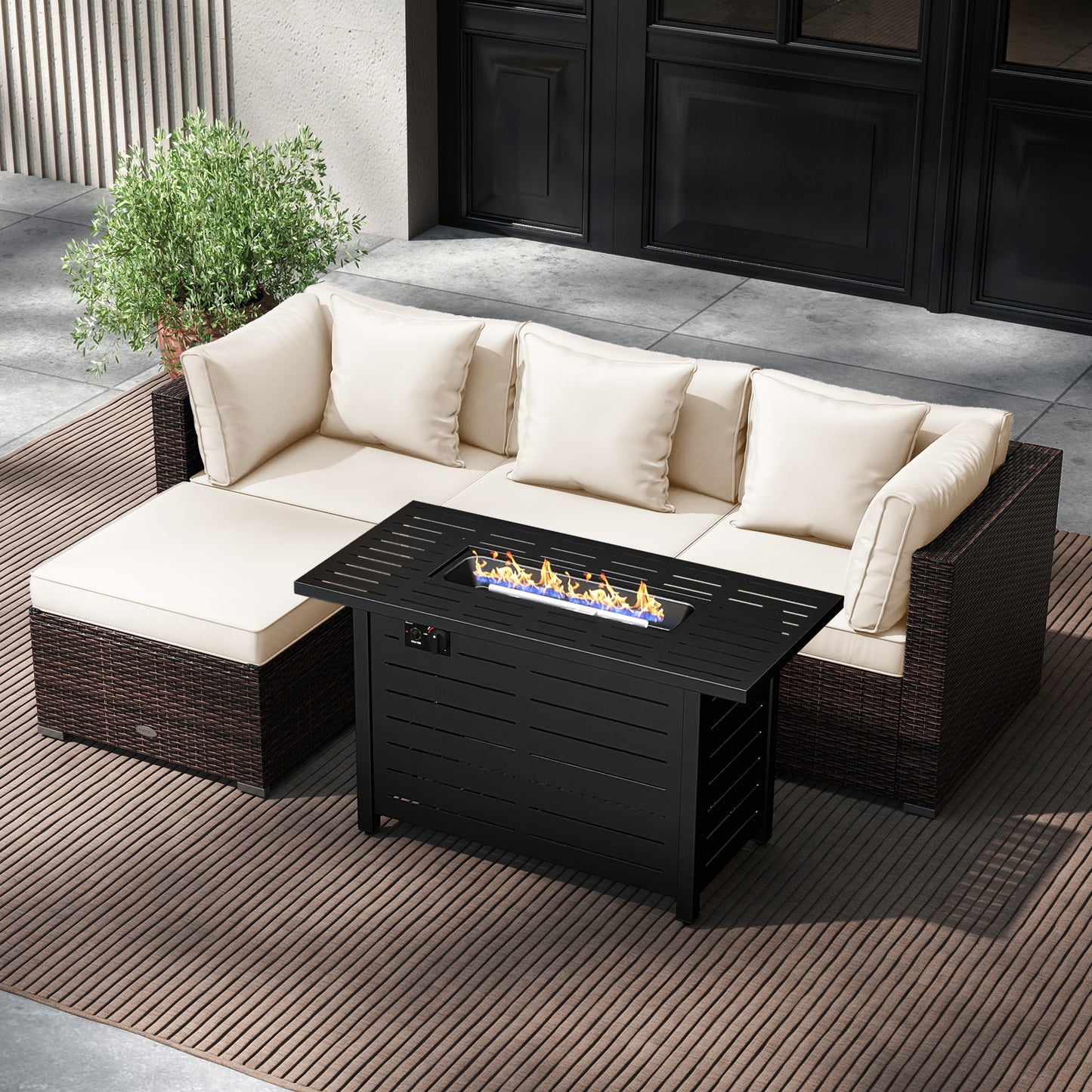 Heavy-duty Frame Rattan Sofa Set with 60000 BTU Firepit Table, Off White