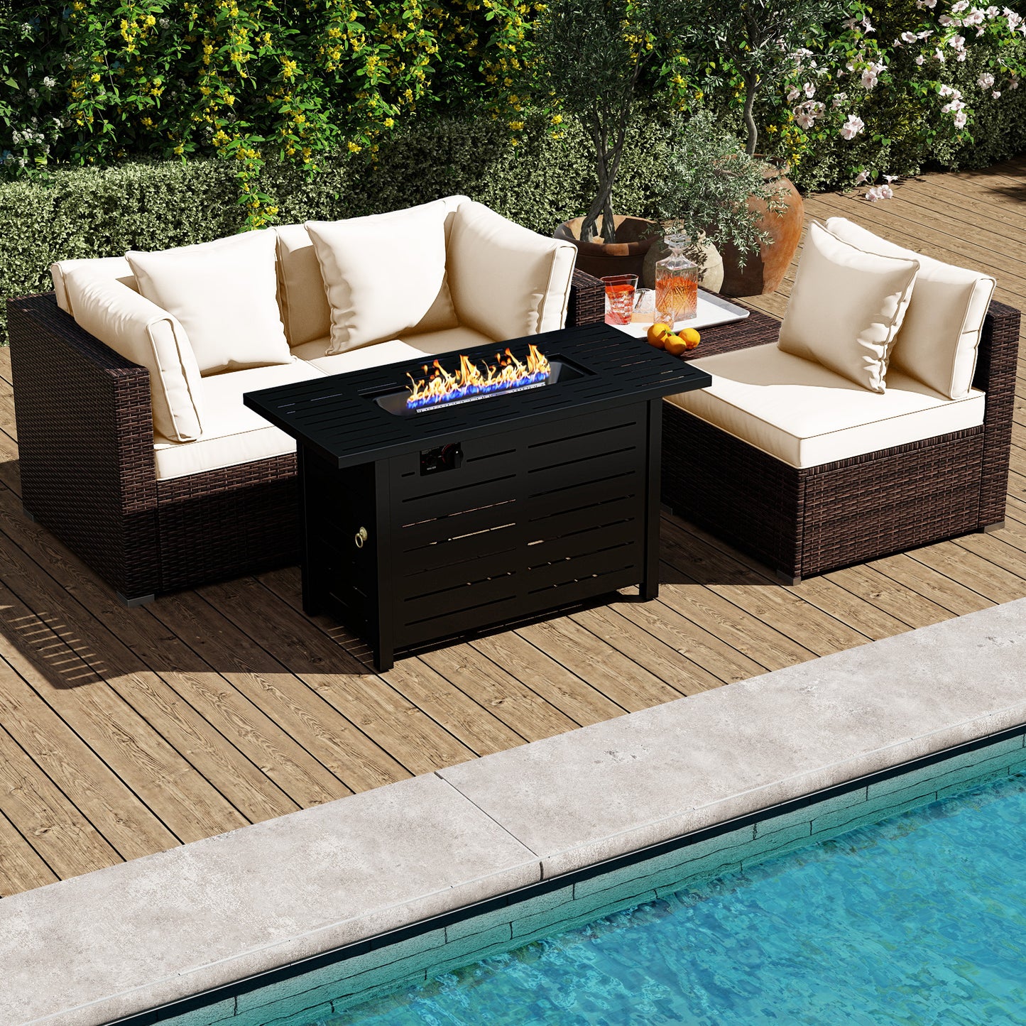 Heavy-duty Frame Rattan Sofa Set with 60000 BTU Firepit Table, Off White
