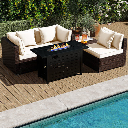 Heavy-duty Frame Rattan Sofa Set with 60000 BTU Firepit Table, Off White