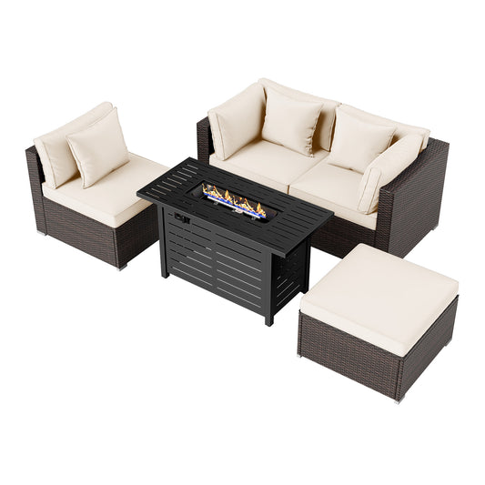 Heavy-duty Frame Rattan Sofa Set with 60000 BTU Firepit Table, Off White Outdoor Sectionals Off White at Gallery Canada
