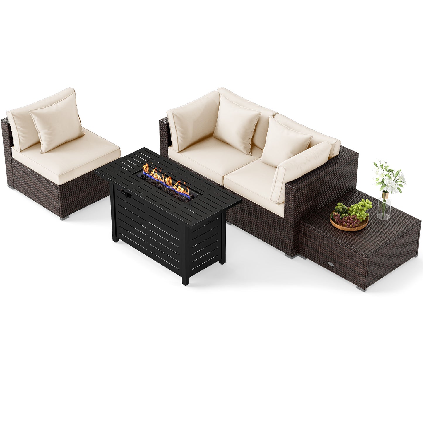 Heavy-duty Frame Rattan Sofa Set with 60000 BTU Firepit Table, Off White
