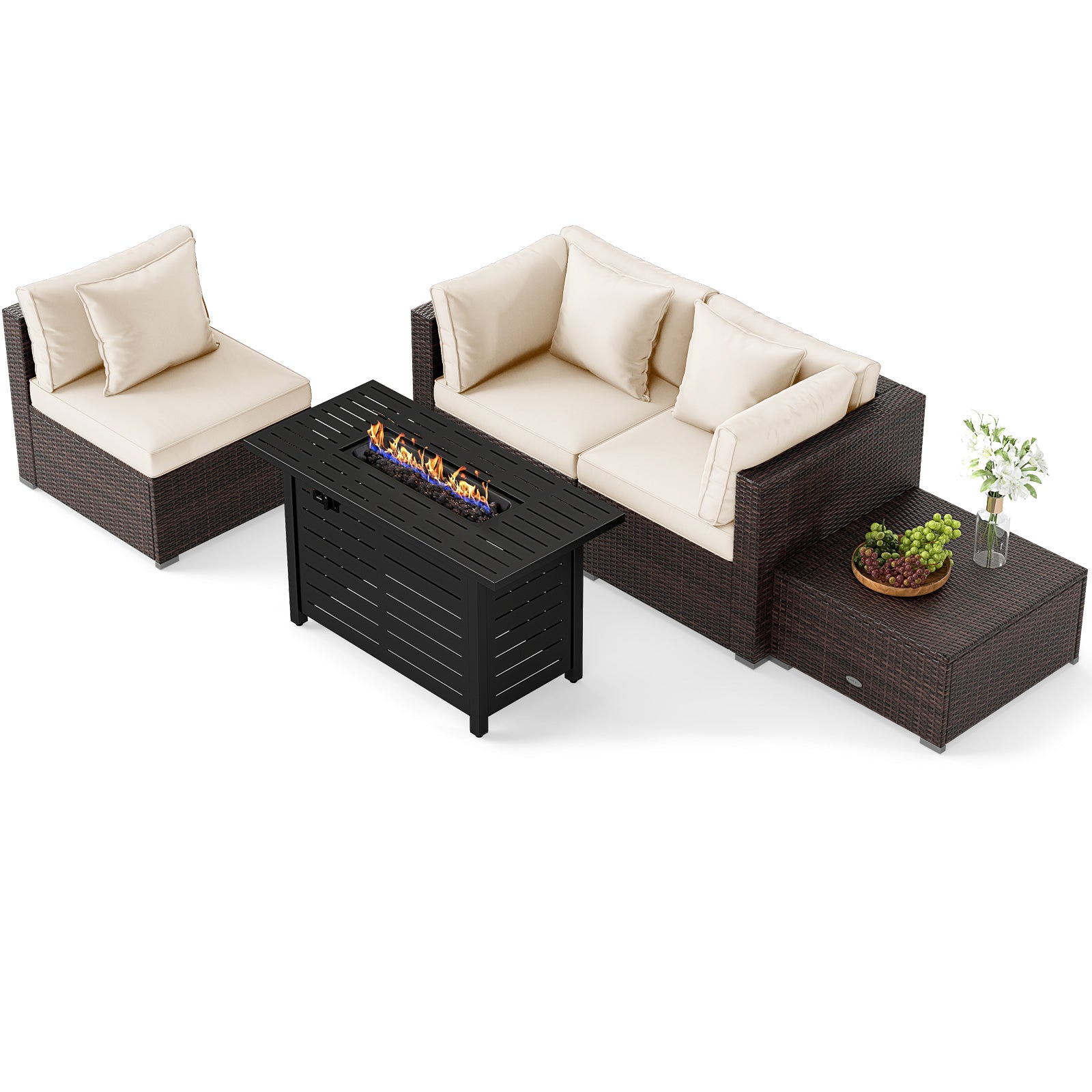 Heavy-duty Frame Rattan Sofa Set with 60000 BTU Firepit Table, Off White Outdoor Sectionals at Gallery Canada
