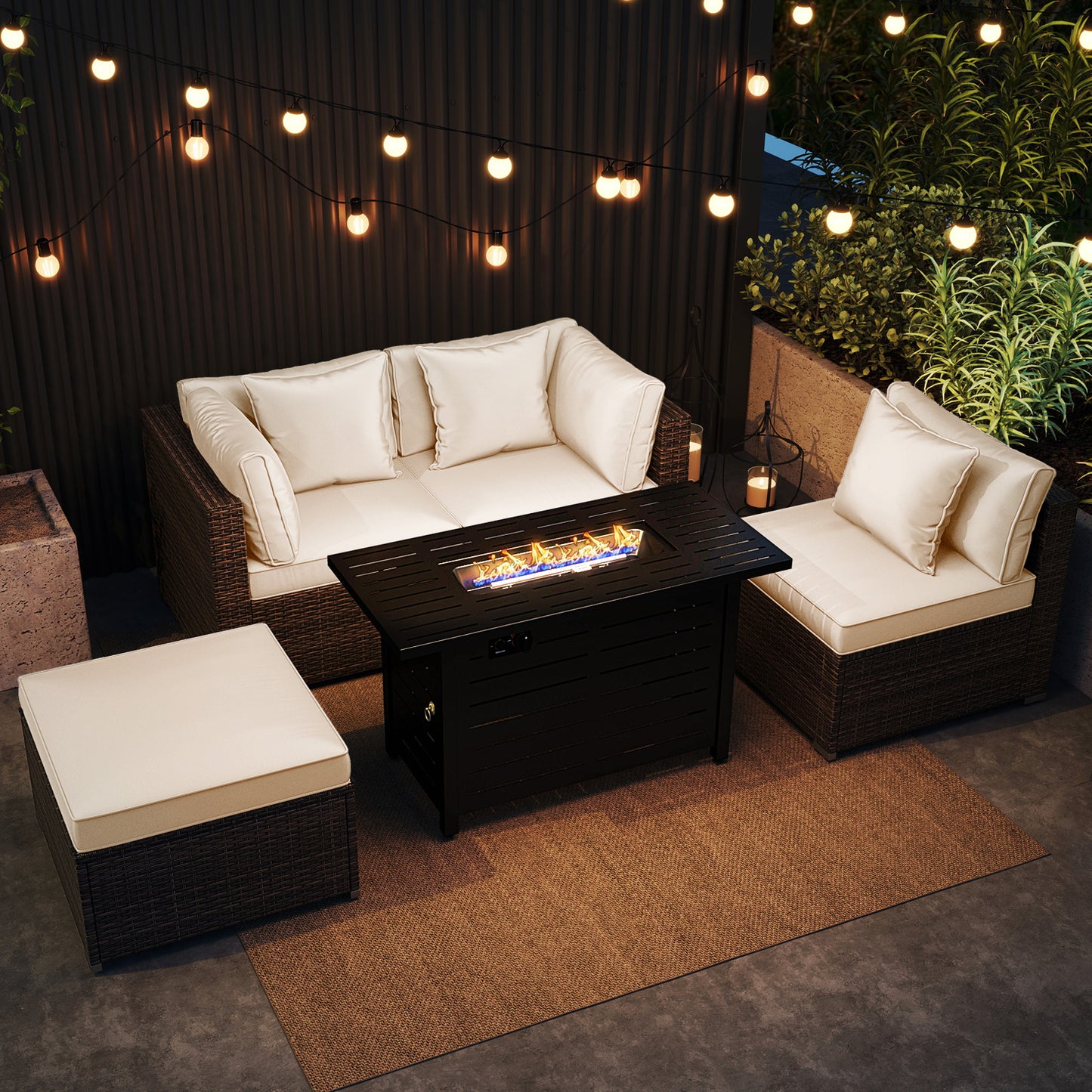 Heavy-duty Frame Rattan Sofa Set with 60000 BTU Firepit Table, Off White