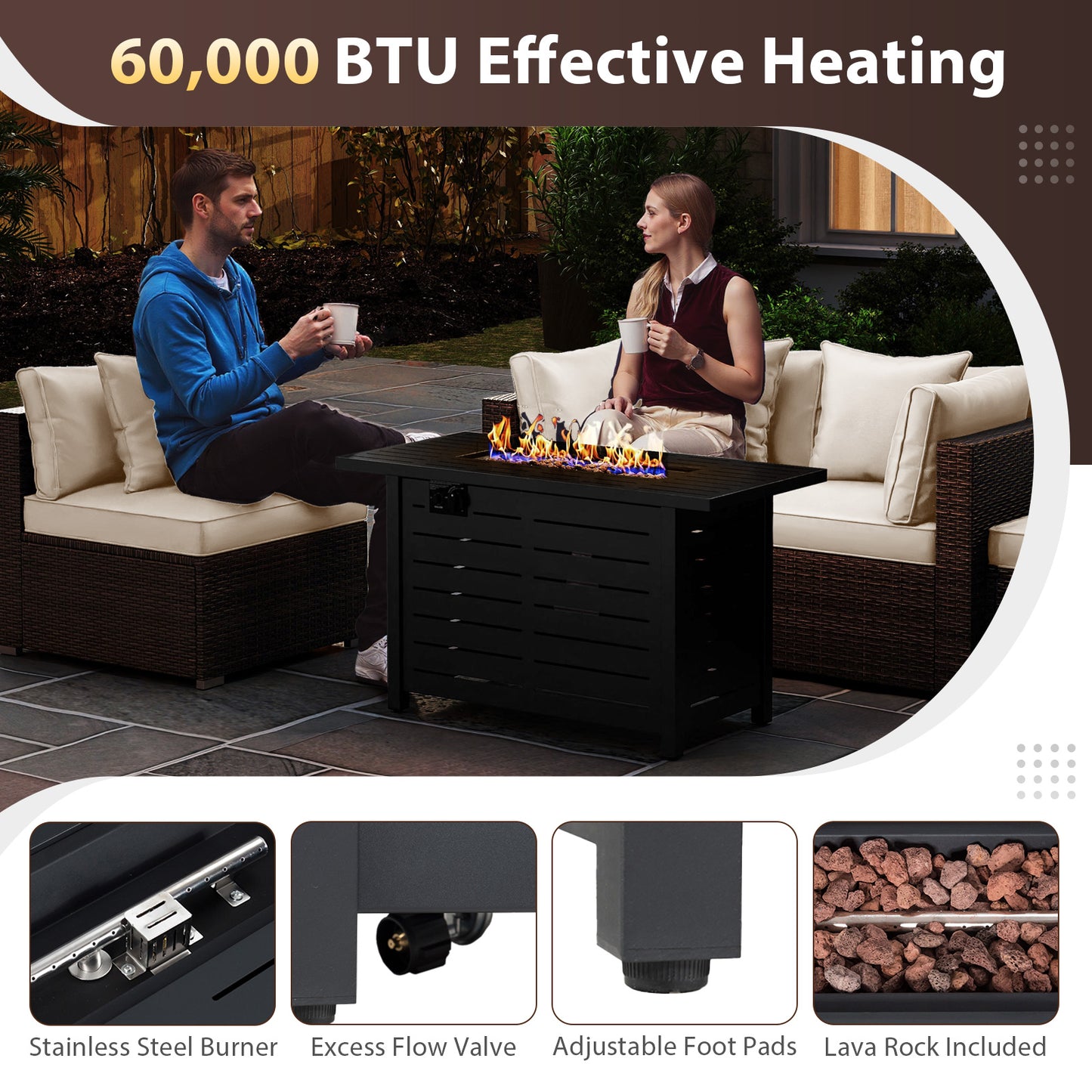 Heavy-duty Frame Rattan Sofa Set with 60000 BTU Firepit Table, Off White