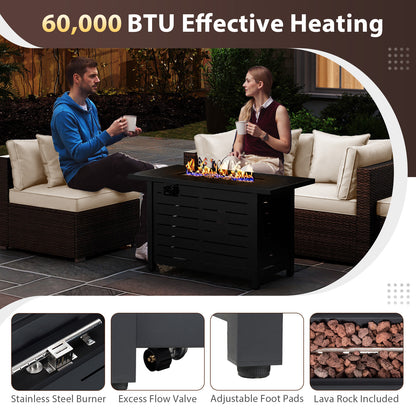 Heavy-duty Frame Rattan Sofa Set with 60000 BTU Firepit Table, Off White