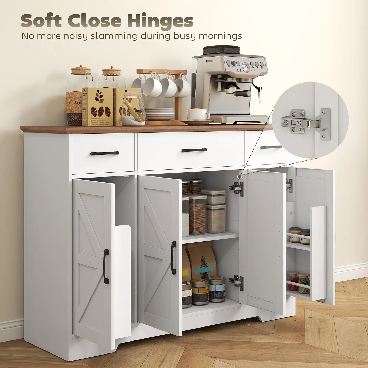 47" Buffet Cabinet, Farmhouse Sideboard, 3 Drawers, Adjustable Shelves, White Bar Cabinets at Gallery Canada