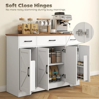 47" Buffet Cabinet, Farmhouse Sideboard, 3 Drawers, Adjustable Shelves, White Bar Cabinets at Gallery Canada