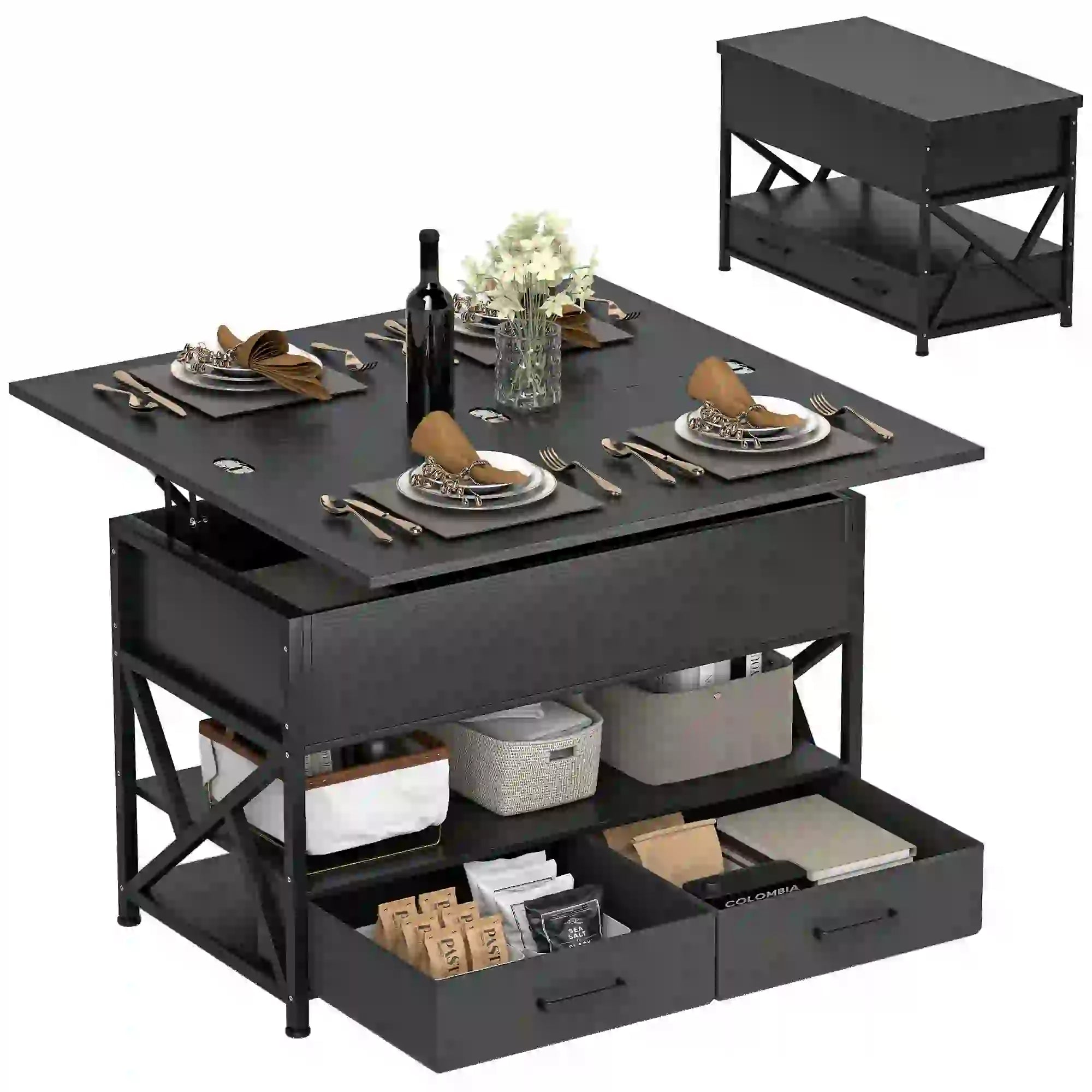 Modern Lift Top Coffee Table, Fabric Drawers, Hidden Storage, Distressed Black Coffee Tables at Gallery Canada