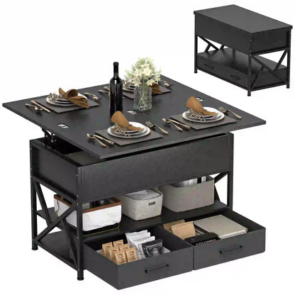 Modern Lift Top Coffee Table, Fabric Drawers, Hidden Storage, Distressed Black Coffee Tables at Gallery Canada