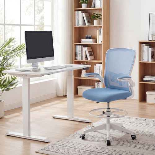 Height Adjustable Drafting Chair With Flip Up Arms, Blue