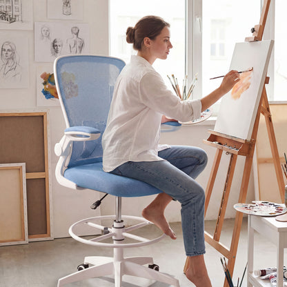 Height Adjustable Drafting Chair With Flip Up Arms, Blue Mesh Chairs at Gallery Canada