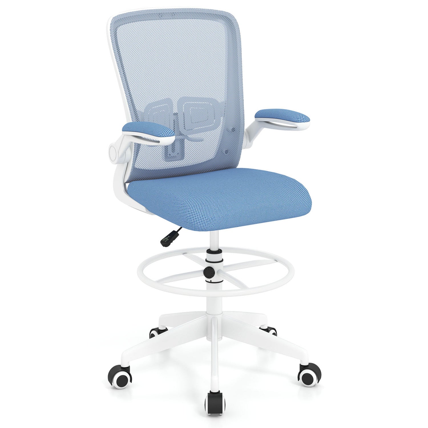 Height Adjustable Drafting Chair With Flip Up Arms, Blue Mesh Chairs Blue at Gallery Canada