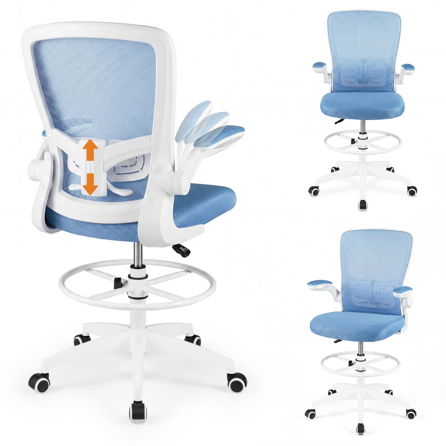 Height Adjustable Drafting Chair With Flip Up Arms, Blue Mesh Chairs at Gallery Canada