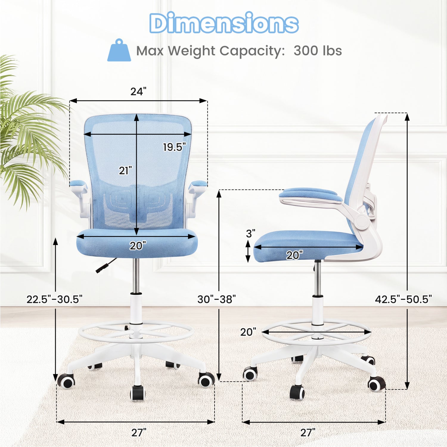 Height Adjustable Drafting Chair With Flip Up Arms, Blue Mesh Chairs at Gallery Canada