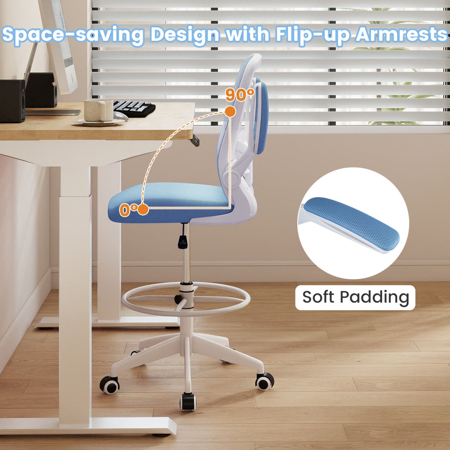 Height Adjustable Drafting Chair With Flip Up Arms, Blue Mesh Chairs at Gallery Canada