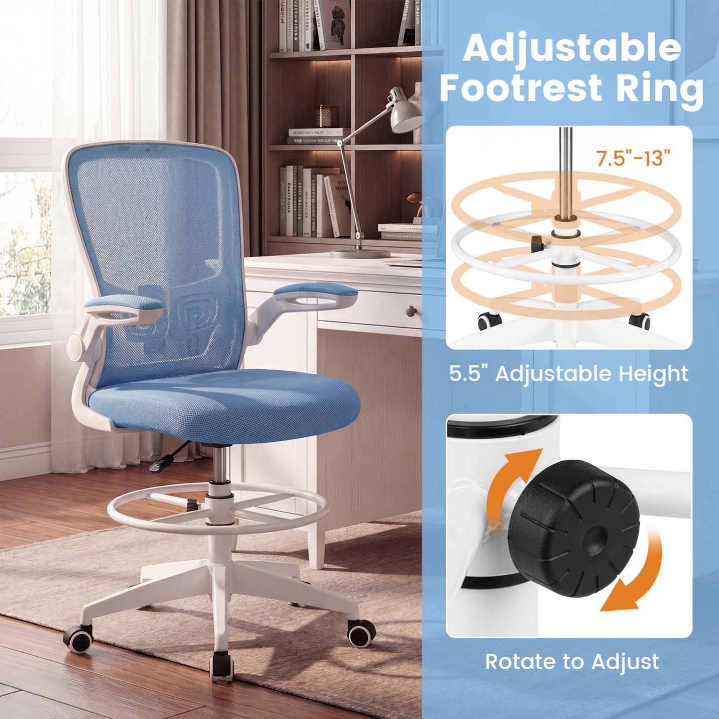 Height Adjustable Drafting Chair With Flip Up Arms, Blue Mesh Chairs at Gallery Canada