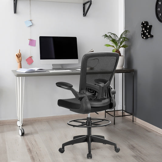Height Adjustable Drafting Chair, Flip Up Arms, Black Mesh Chairs Black at Gallery Canada