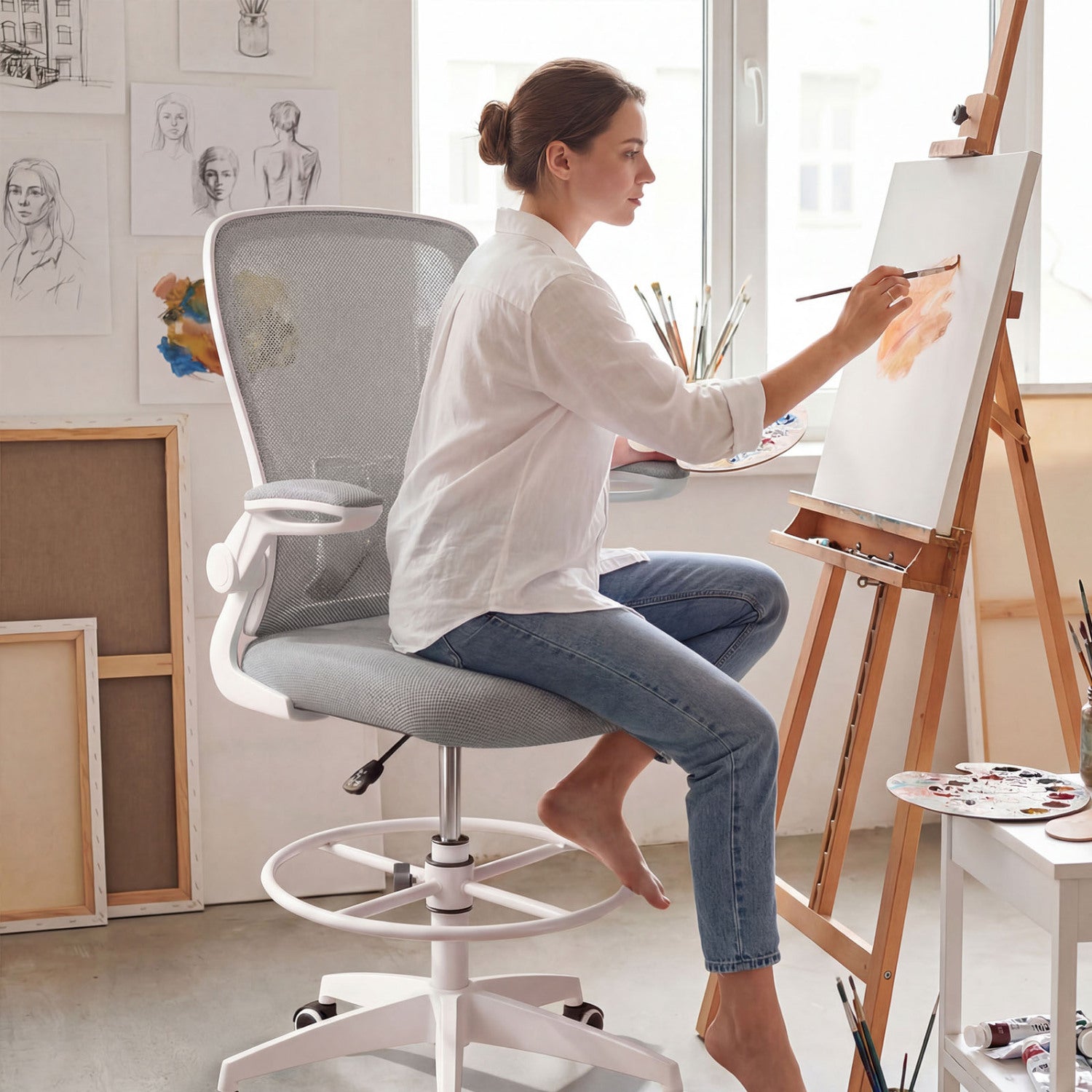 Height Adjustable Drafting Chair, Flip Up Arms, Gray Mesh Chairs at Gallery Canada