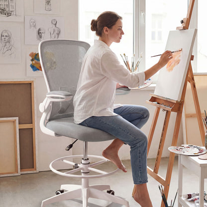 Height Adjustable Drafting Chair, Flip Up Arms, Gray Mesh Chairs at Gallery Canada
