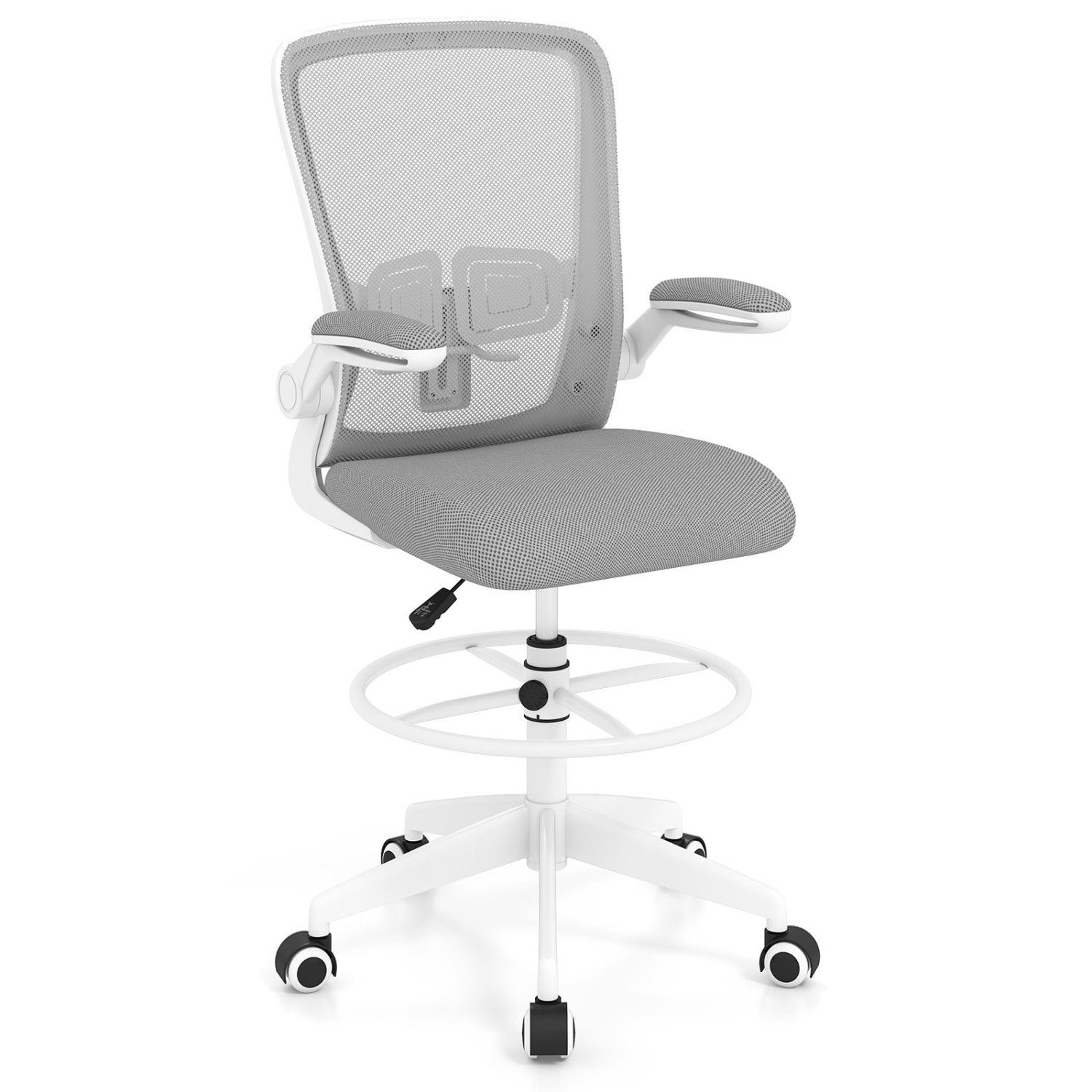 Height Adjustable Drafting Chair, Flip Up Arms, Gray Mesh Chairs at Gallery Canada